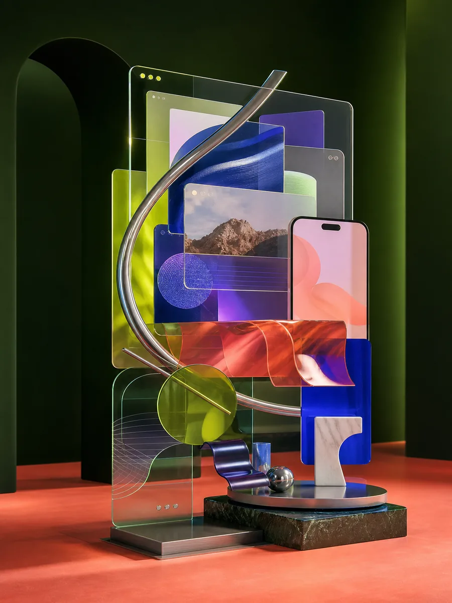 Kleurrijke digitale sculptuur met web- en appvormen